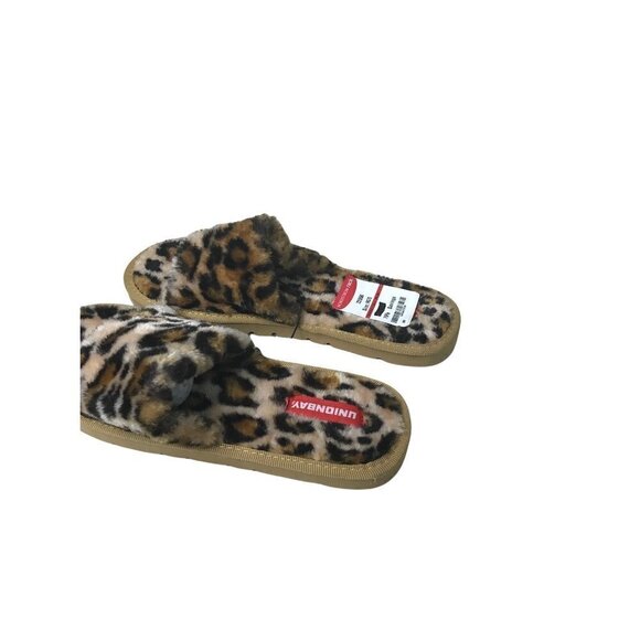 Nordstrom Unionbay Leopard Fuzzy Slides Tan Black Brown 7 New - Picture 4 of 5